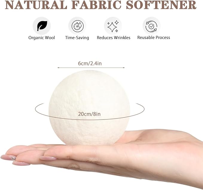 Wool Dryer Balls XL 6 Pack Pure Organic Wool Premium Reusable Fabric Softener New Zealand Sheep Wool Ball for Dryer Natural Fabric Softener Saves Drying Time