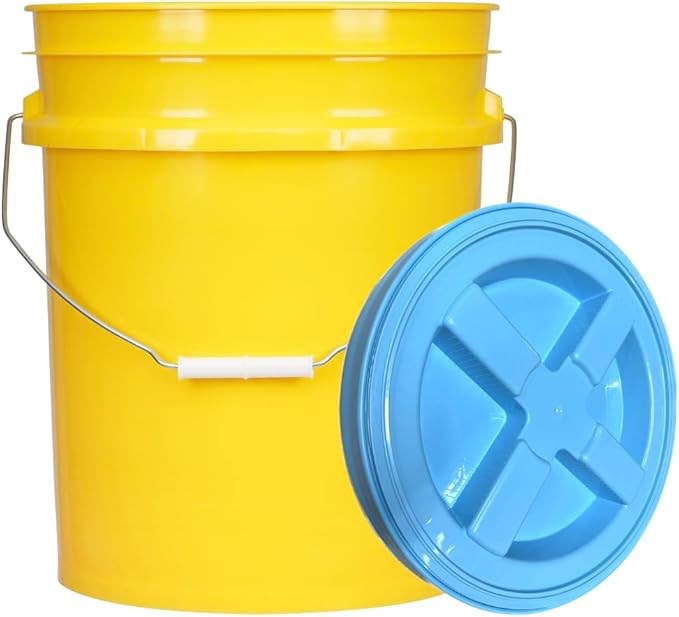 House Naturals 5 Gallon Food Grade Plastic Bucket with Air Tight Screw on Lid Made in USA Container (Yellow Bucket with Aqua Lid)