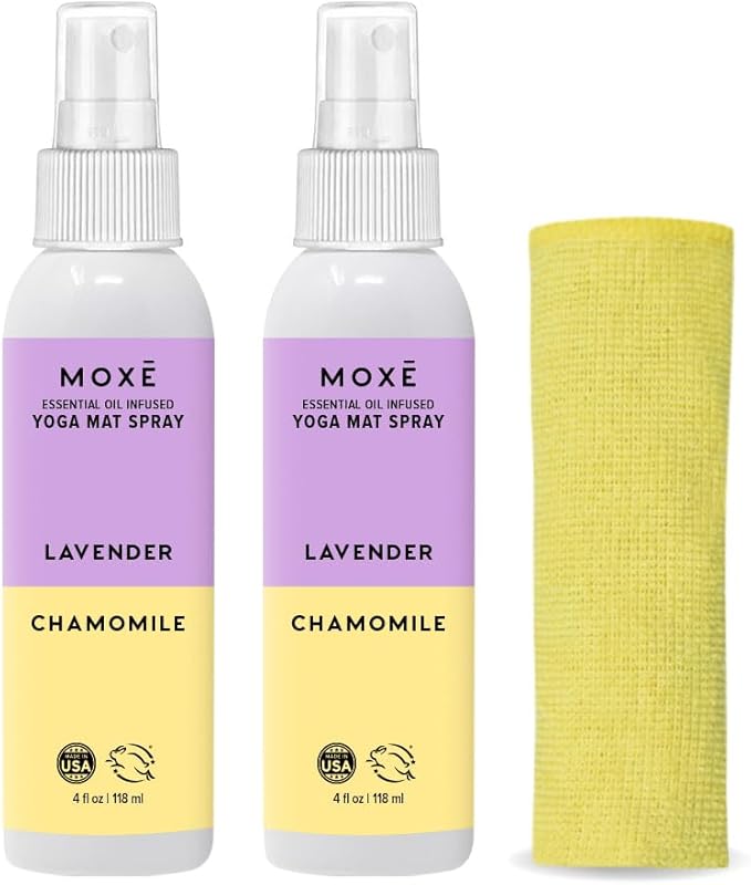 MOXE Yoga Mat Cleaner Spray, Lavender & Chamomile Essential Oil, Safe for All Mats & Exercise Equipment, Odor & Sweat Protection, Includes Microfiber Cleaning Towel, 4 Oz (2 Pack)