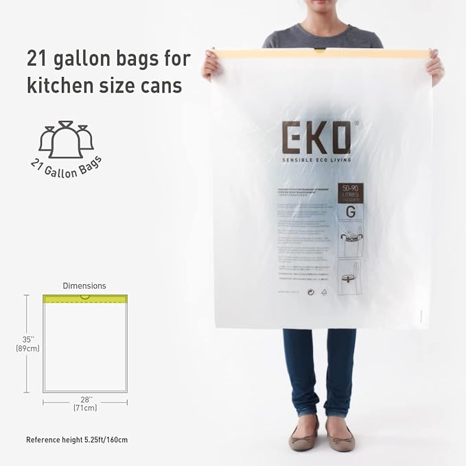 EKO 21 Gallon / 50-90 Liter, 60 Count Drawstring Trash Bags, Extra-Strong Unscented Garbage Bags, Easy-Dispense Roll for Kitchen & Household Use, Code G, White