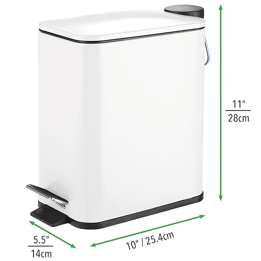 mDesign Slim Metal Rectangle 1.3 Gallon/5 Liter Trash Can with Step Pedal, Easy-Close Lid, Removable Liner - Narrow Wastebasket Garbage Container Bin for Bathroom, Bedroom, Kitchen - Matte White