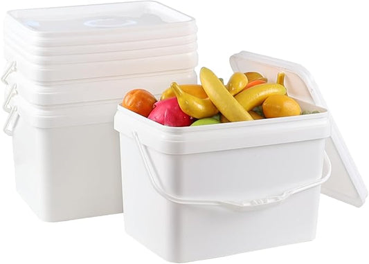 Readsky 5.2 Gallon Plastic White Rectangular Food Bucket with Lid, Small Rectangular Plastic Storge Bucket with Handle, 4 Packs