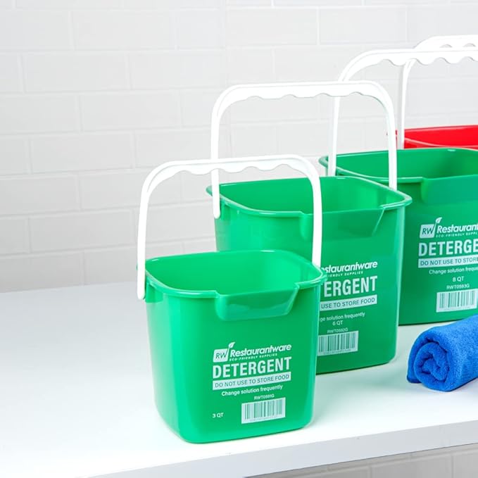 Restaurantware RW Clean 3 Quart Cleaning Buckets 10 Detergent Square Buckets - With Measurements Built-In Spout And Handle Green Plastic Utility Buckets For Home Or Commercial Use