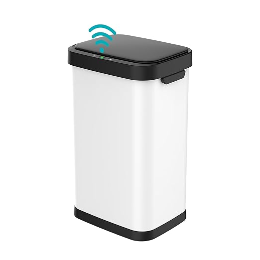 13 Gallon Stainless Steel Touchless Sensor Trash Can with, Wide Rectangular Design, Brushed Finish – Automatic Lid for Home, Office, Kitchen, Bathroom, and Commercial Use (White)
