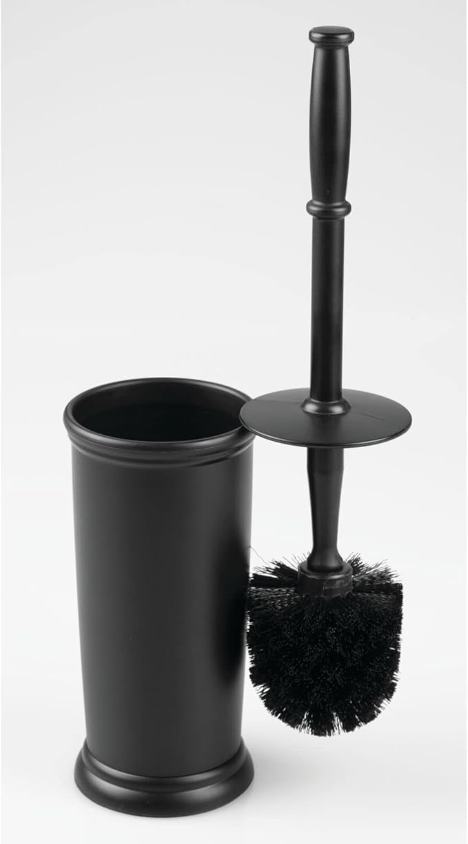 mDesign Toilet Bowl Brush and Holder - Covered Bathroom Toilet Brush - Standing Toilet Bowl Scrubber in Modern Holder - Compact, Space Saving, Deep Cleaning Brush for Toilet - Hyde Collection - Black