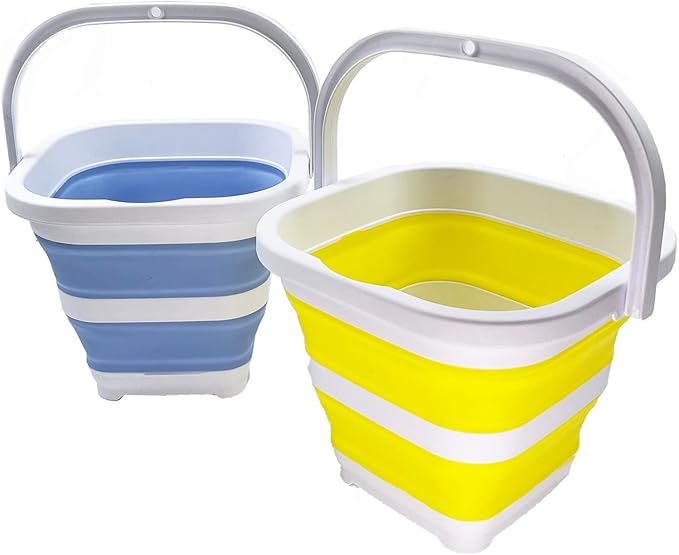 SAMMART Collapsible Rectangular Cleaning Bucket 5L (1.3 Gallon)- Foldable Camping Beach Sand Water Pot Pail- Portable Space Saving Tub for Household, Outdoor Car Washing (Baby Blue + Lemon (Set of 2))