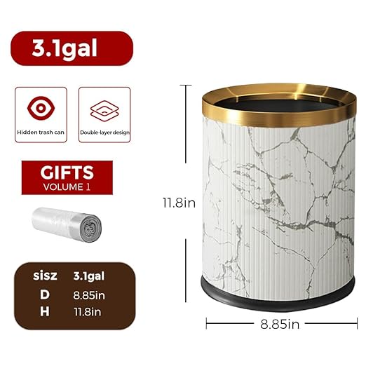 Small Fancy Bathroom Trash Can, Metal Trash can Covered with Leather, Open Top,Hide The Garbage Bag, Bathroom, Living Room, Bedroom, Office, Bank, Hotel (12l-Chinese Style)