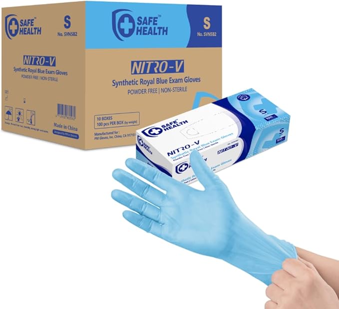 Safe Health NITRO-V Nitrile-Vinyl Synthetic Exam Disposable Gloves, Latex Free, Powder Free, Blue, Case of 1000, Small, Medical Grade, Clinic, Nursing, Food, Hair Salon, Cleaning, Housework
