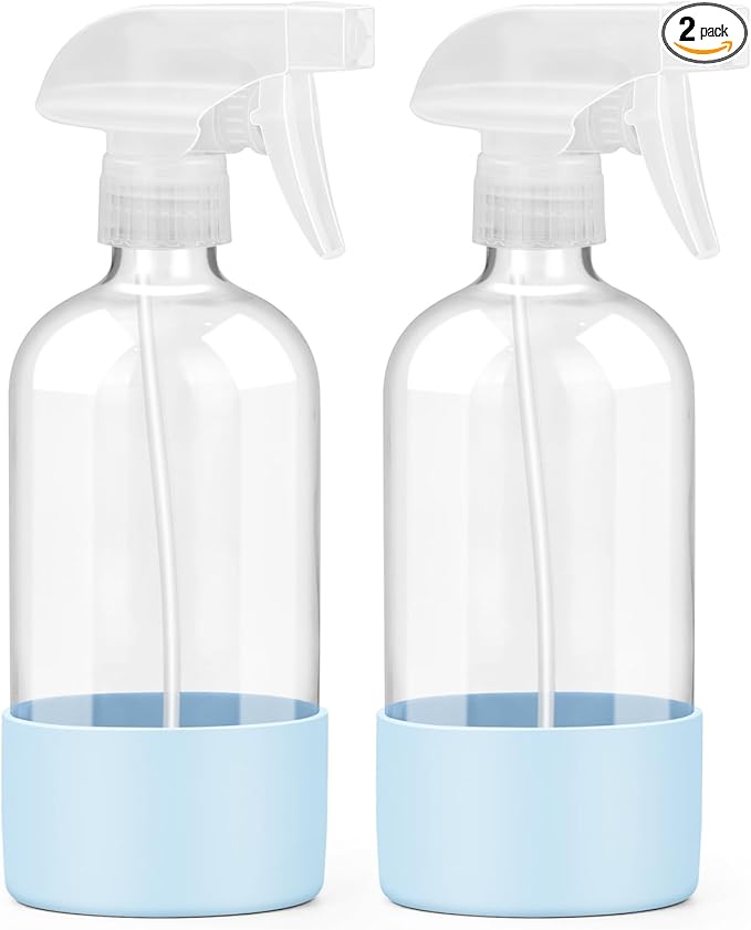 2 Pack Glass Spray Bottles with Silicone Sleeve, 16 oz Empty Refillable Containers with Adjustable Spray Nozzles, Spray Bottles for Hair, Cleaning Solutions and Plants Blue