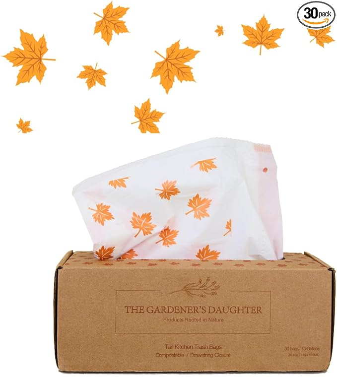 Limited Edition Fall Maple Leaf – Compostable Trash Bags by The Gardener's Daughter, 13 Gallon, 30 Count, White, Extra Strength, Drawstring Kitchen Waste Bag – BPI & TUV Certified