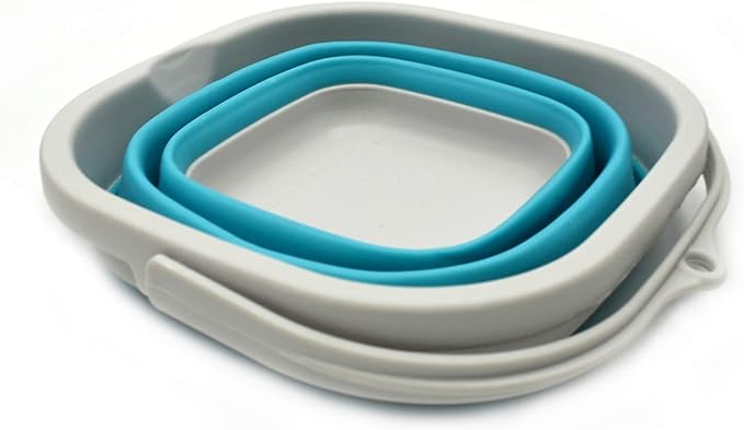 SAMMART 2.6L (0.68 Gallon) Super Mini Sqare Collapsible Plastic Bucket - Foldable Square Tub - Portable Fishing Water Pail - Space Saving Outdoor Waterpot (1, Grey/Bright Blue)