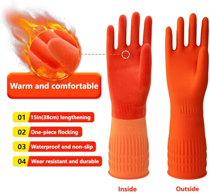 North Tower Kitchen Washing Room Gloves Fleece Lined, Reusable, Waterproof with Extra-Long Cuff & Anti-Slip Design for Household & Kitchen Use,15",2 Pairs Large
