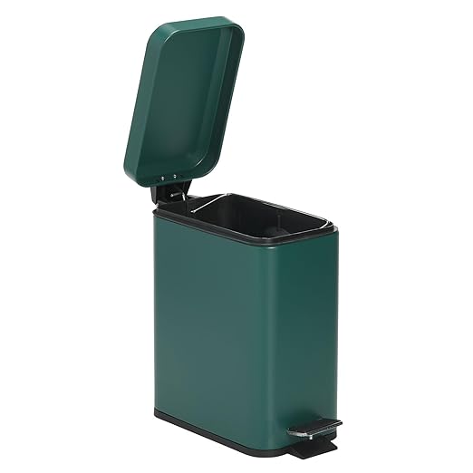 mDesign Small Modern 1.3 Gallon Rectangle Metal Lidded Step Trash Can, Compact Garbage Bin with Removable Liner Bucket and Handle for Bathroom, Kitchen, Craft Room, Office, Garage - Hunter Green