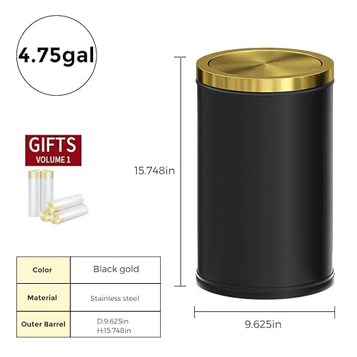 Black and Gold Bathroom Trash Can,Bathroom Trash can with Swing Lid，Small Trash Can with Flipping Lid, 4.8gal Garbage cans for Bedroom,Living Room, Guest Room,Office,Hotel(4.7gal-Black)