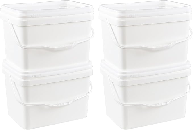 Ramddy 5 Gallon Rectangular Plastic Food Bucket with Sealed Lid, Food Grade, 4 Pack Pail Container with Handle, White