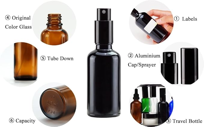 YIZHAO Black Glass Spray Bottles 2oz, with Small Fine Mist Spray, Metal Cap, Refillable for Essential Oil,Travel,Cleaning,Perfume,Aromatherapy,Makeup – 12 Pcs