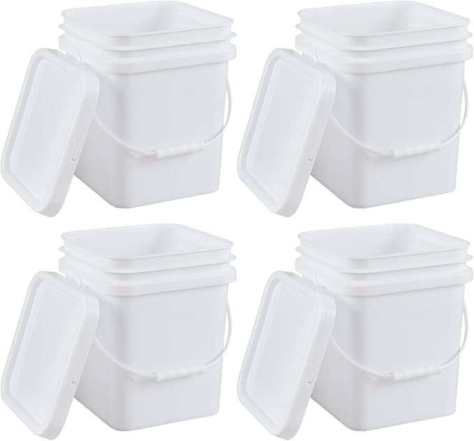 White Plastic 5 Gallon Cleaning Bucket with Handle, Square Bucket with Disposable Seal Lid for Food, All Purpose Pail, 4 Packs