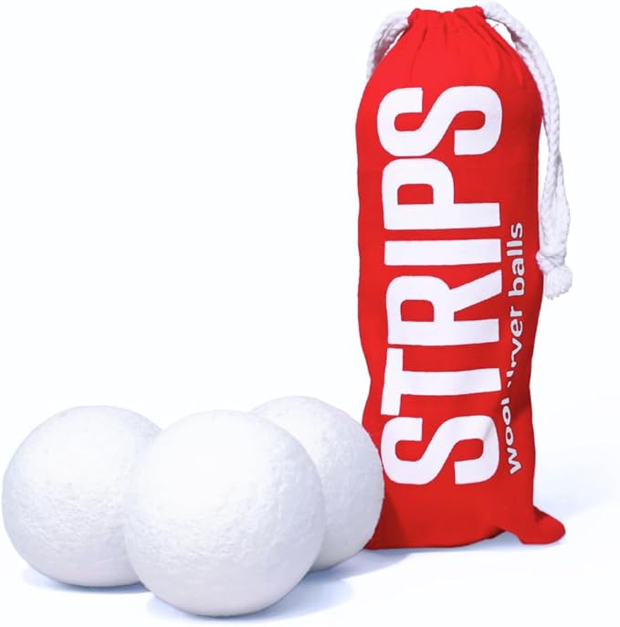 STRIPS Wool Dryer Balls – XL 3-Pack Premium Natural Fabric Softener – Reduces Clothing Wrinkles and Saves Drying Time, Reusable Wool Balls for Dryer – Eco-Friendly Alternative to Dryer Sheets