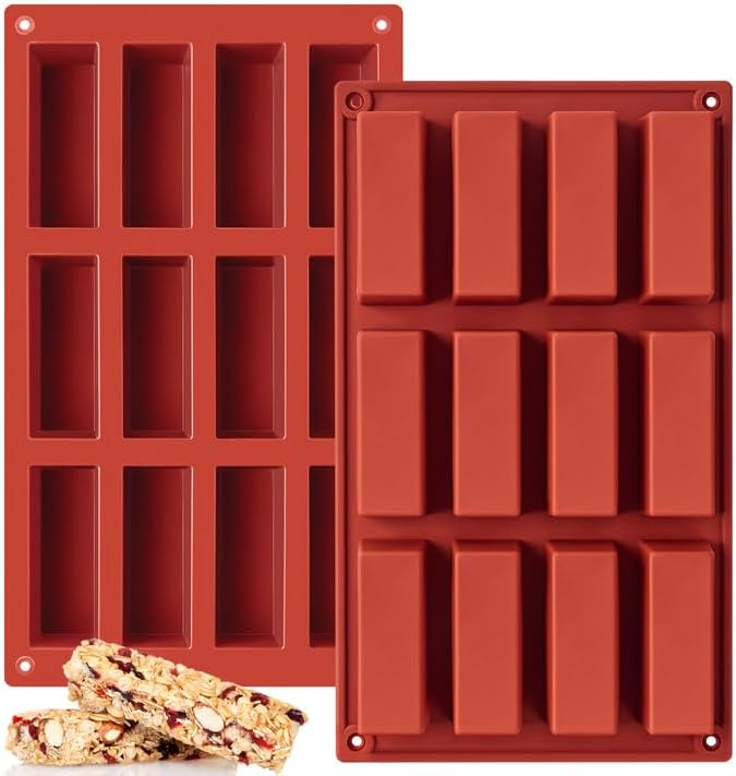 2 Pack Silicone Granola Bar Molds, 12 Cavity Rectangle Protein Bar Mold Silicone Baking Molds for Butter/Chocolate/Candy/Cereal/Energy Bars