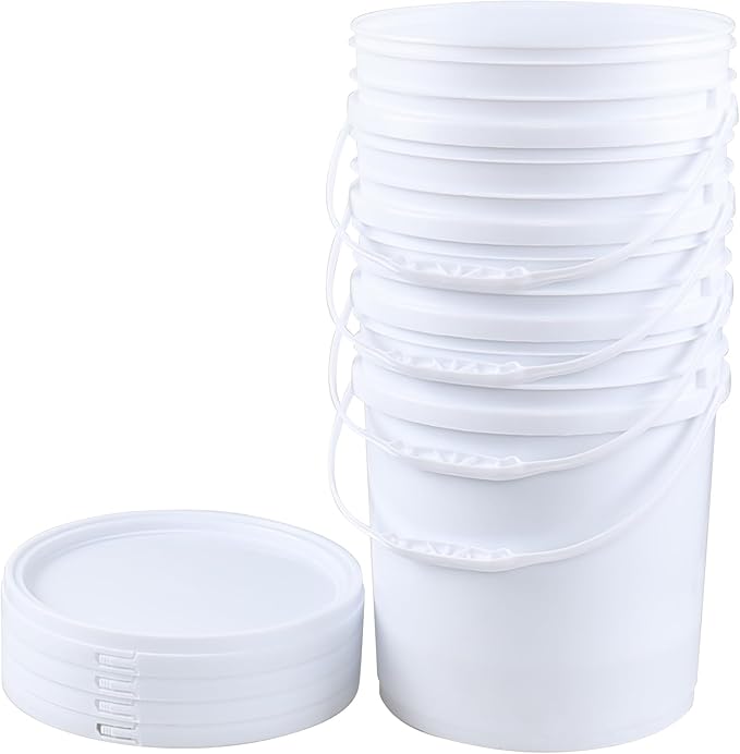 7 Gallon White Plastic Bucket Pail with Lid, Set of 4 Food Storage Bucket Containers with Plastic Handle