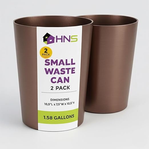HOLDN’ STORAGE Small Trash Can - Set of 2 Open Top Waste Bin of 1.58 Gallon, Compact Waste Can Perfect for Bathroom, Kitchen, Office, Dorm - Durable Garbage Can - Metallic Brown