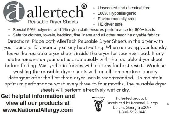 Allertech Reusable Dryer Sheets - 2 Pack - Static Eliminator and Fabric Softener, Effective for 500+ Loads, Hypoallergenic, Chemical-Free, Odorless