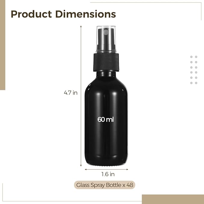 Lnrueg 48 Pcs BlackSmall Glass Spray Bottles 2 oz - Perfume, DIY Cleaners, Fine Mist Spray, Leakproof and Corrosion-Resistant, 60ML Travel Size, Portable for Beauty, Aromatherapy Household Use