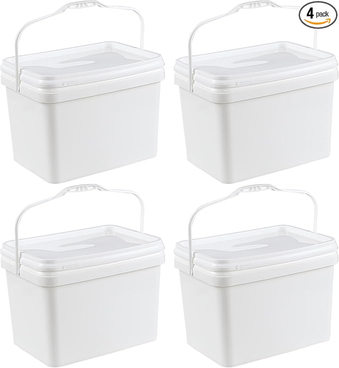5 Gallon Rectangular Plastic Bucket Pail with Lid, 4 Pack White Square Bucket Pail Container with Handle for Food Storage