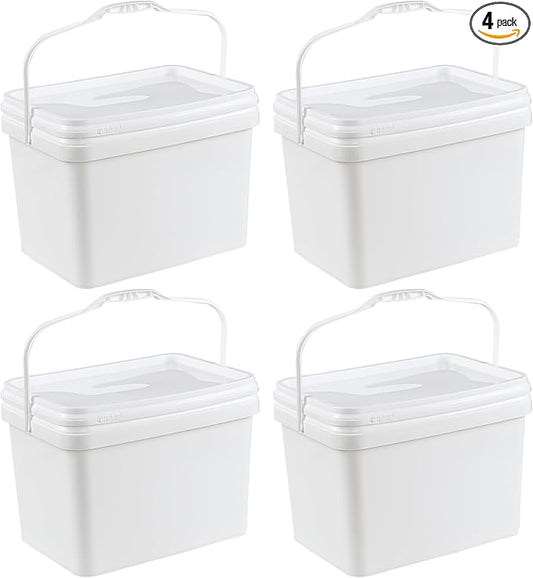 5 Gallon Rectangular Plastic Bucket Pail with Lid, 4 Pack White Square Bucket Pail Container with Handle for Food Storage