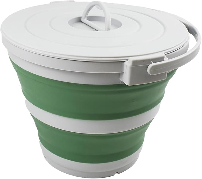 SAMMART 10L (2.64Gallon) Collapsible Fishing Bucket with Locking Lid - Portable Plastic Water Pail - Space Saving Outdoor Waterpot - Trunk Organizer for All Types of Vehicles (Grey/Dark Sea Green)