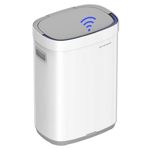 SONGMICS Kitchen Trash Can, 17.2-Gallon (65 L) Motion Sensor Garbage Can, Stainless Steel Trash Bin, Ozone Odor Control, Stay-Open, Cloud White ULTB660W01