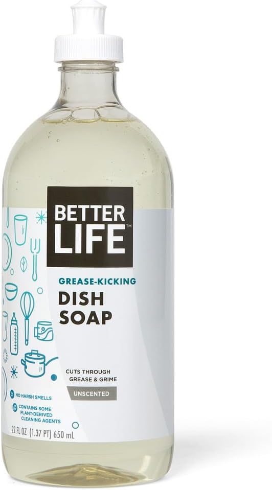 Better Life Liquid Dishwashing Soap for Home & Kitchen Sink - No Gloves Required Kitchen Soap for Sensitive Skin, Unscented, 22 Fl Oz