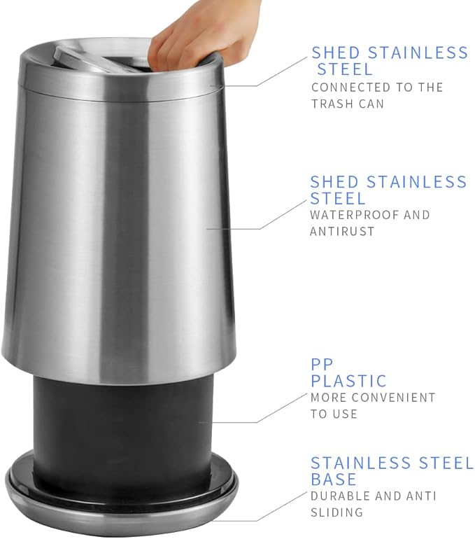 Household Swing Bathroom Trash Can，Brushed Stainless Steel，10 L/3 Gallen，Garbage Can with Flipping Lid， for Indoor or Commercial Use, Kitchen,Modern，Living Room,Bedroom