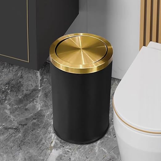 Stainless Steel Wastebasket, Small Black and Gold Trash Can with Lid, 9L / 2.4 Gallon for Bathroom, Bedroom, Office, Hotel
