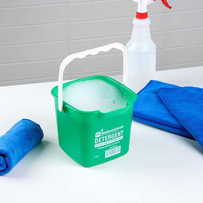 Restaurantware RW Clean 3 Quart Cleaning Buckets 10 Detergent Square Buckets - With Measurements Built-In Spout And Handle Green Plastic Utility Buckets For Home Or Commercial Use