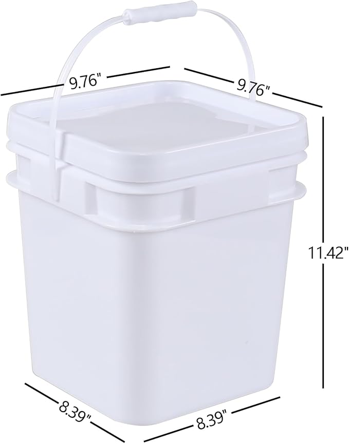 Gloreen 4-Pack 2.9 Gallon Square Plastic Bucket with Sealed Lid, Small Food Bucket Pail with Lid and Handle, White