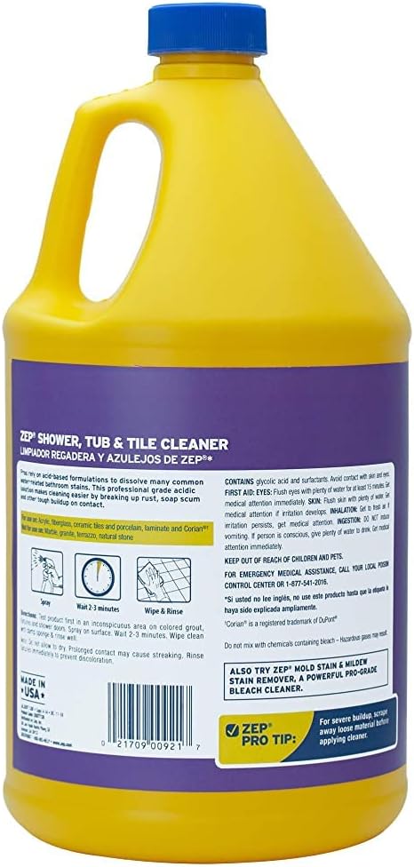 Zep Shower, Tub and Tile Cleaner - 1 Gallon (Case of 4) ZUSTT128 - No Scrub Pro Formula with Acid, Breaks Up Tough Buildup on Contact, Revealing Squeaky Clean Results