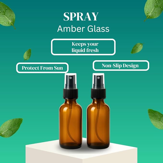 2 Oz Pack of 2 Glass Spray Bottles-Use to Store for Essential Oils, Perfumes,Face Mist, Fragrances, Water Size, Amber Glass Spray