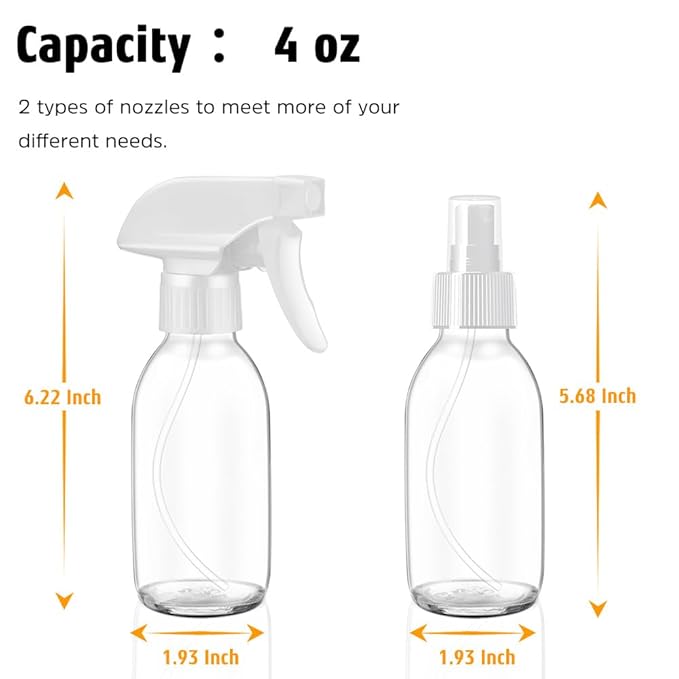 Tecohouse Glass Spray Bottles 4 OZ, Empty Small Spray Bottles 2 Pack for Essential Oils, Cleaning Solutions, Plants, Hair Mister, withDurable Nozzle, Labels, Funnel, Pipettes Clear