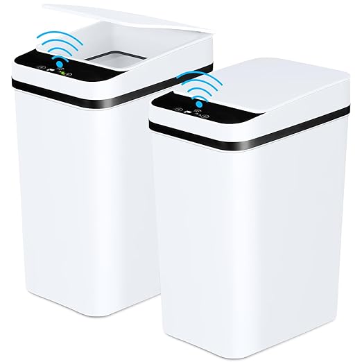 Bathroom Trash Cans with Lid 2 Pack 2.2 Gallon Touchless Automatic Motion Sensor Small Slim Garbage Can, Smart Electric Narrow Garbage Bin for Bedroom Office Kitchen (White)