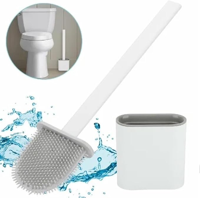 Toilet Brush Silicone and Holder Set – Pack of 1 Wall Mounted Toilet Brush White – Long Non-Slip Handle, Flexible Bristles for Easy Cleaning – Modern Toilet Scrubber Brush