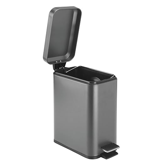 mDesign Small Modern 1.3 Gallon Rectangle Metal Lidded Step Trash Can, Compact Garbage Bin with Removable Liner Bucket and Handle for Bathroom, Kitchen, Craft Room, Office, Garage - Graphite Gray