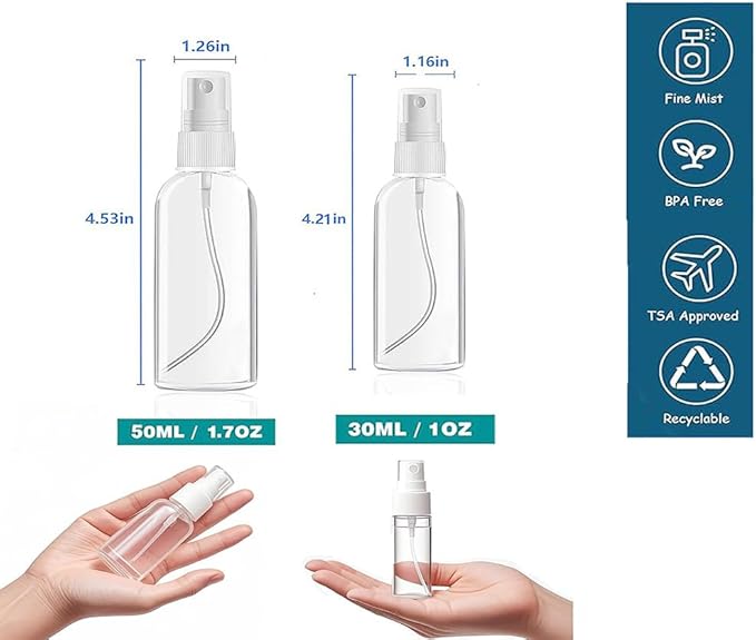 Small Spray Bottle, Clear Empty Mini Travel Plastic Bottle. Premium spray bottles for perfumes and cosmetics. 2 * 1oz, 2 * 1.7oz. (4 Pack)
