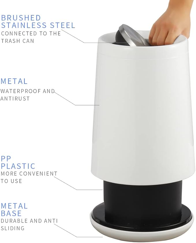 Household Swing White Bathroom Trash Can，Brushed Stainless Steel，10 L/3 Gallen，Garbage Can with Flipping Lid， for Indoor or Commercial Use, Kitchen,Modern，Living Room,Bedroom