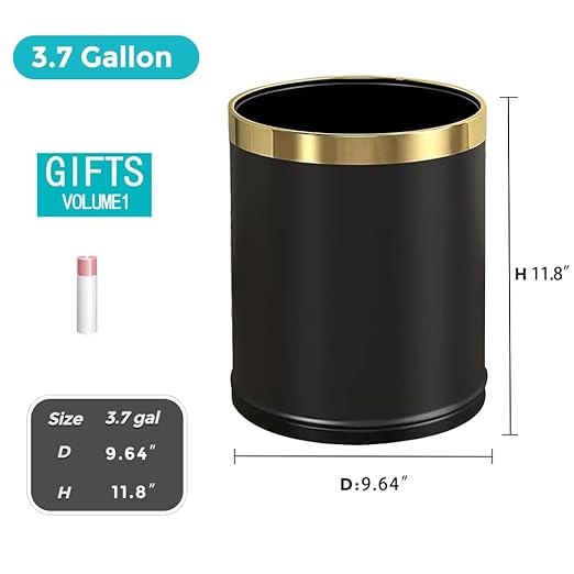 3.7 Gallon/14L Black Bathroom Trash Can Metal, Double Walled Waste Paper Basket, Bathroom Garbage Can, Elegant, Modern Office Waste Basket, for Bedroom, Kitchen, Hotel, Cafe, Business(14L black)