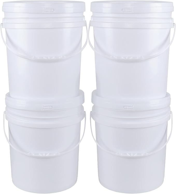 4 Packs Food Grade Airtight Plastic Buckets with Handles, Plastic Pail with Lid, 7 Gallon, White