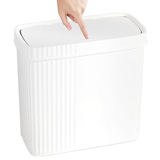 UUJOLY Small Bathroom Trash Can with Lid Slim Wastebasket Garbage Can Plastic Container Basket Trash Bin for Kitchen, Laundry Room, Office, Kids Room, Dorm, White, 2.4 Gallon