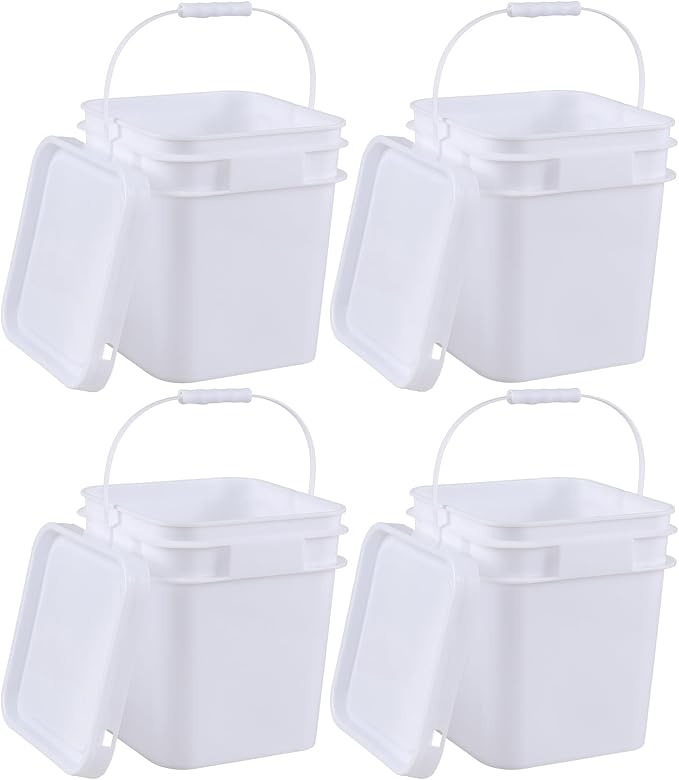 Vababa 3 Gallon White Square Buckets with Lid for Food Storage, 4 Pcs Plastic Food Grade Buckets with Lid and Handle