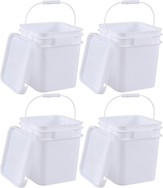 Vababa 3 Gallon White Square Buckets with Lid for Food Storage, 4 Pcs Plastic Food Grade Buckets with Lid and Handle