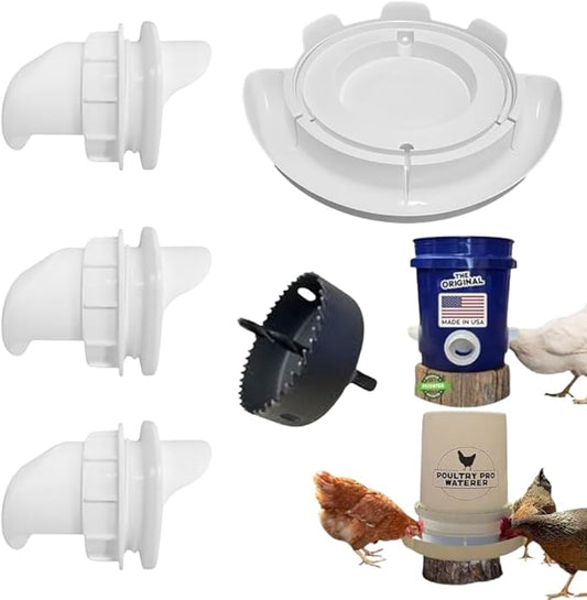 DIY Port PVC Gravity Fed Chicken Feeder 3 Ports and Hole Saw | Use for Buckets, Barrels, Bins, Troughs | Rain Proof, Weather Resistant, No Waste (Feeder and Waterer Bundle)